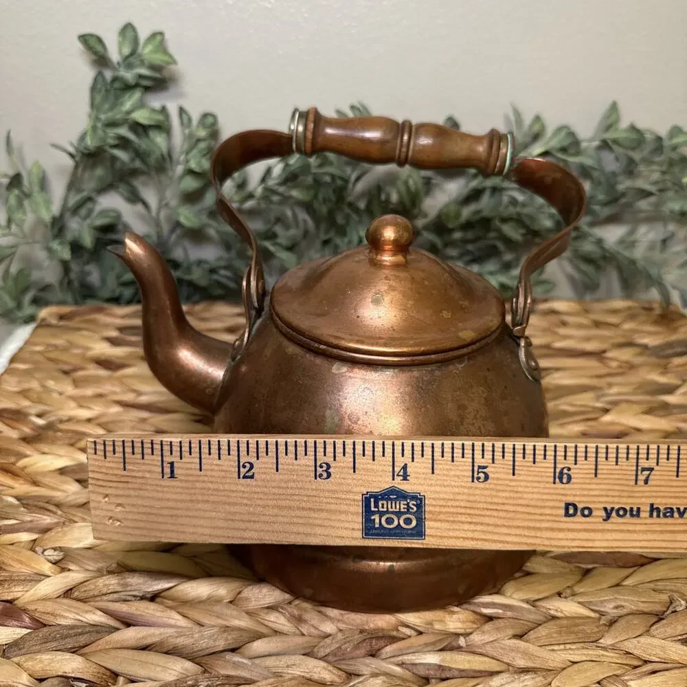 B&M Portugal Copper Tea Kettle Wood Handle Lidded Tin Lined 7” Farmhouse Vtg
